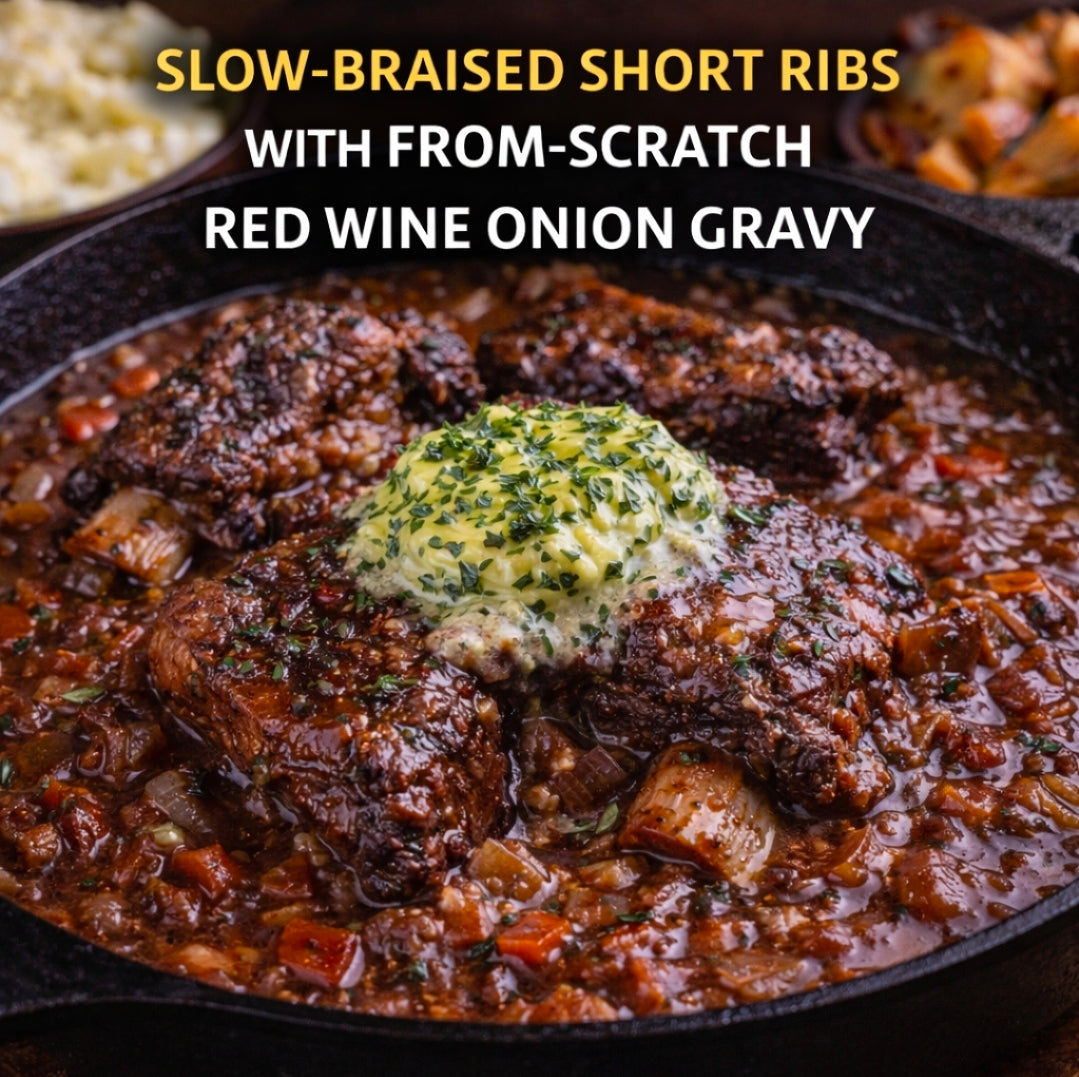 Slow-Braised Short Ribs with From-Scratch Red Wine Onion Gravy
