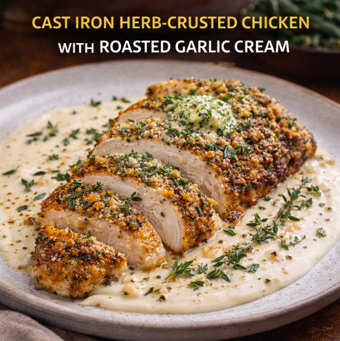 Cast Iron Herb-Crusted Chicken with Roasted Garlic Cream