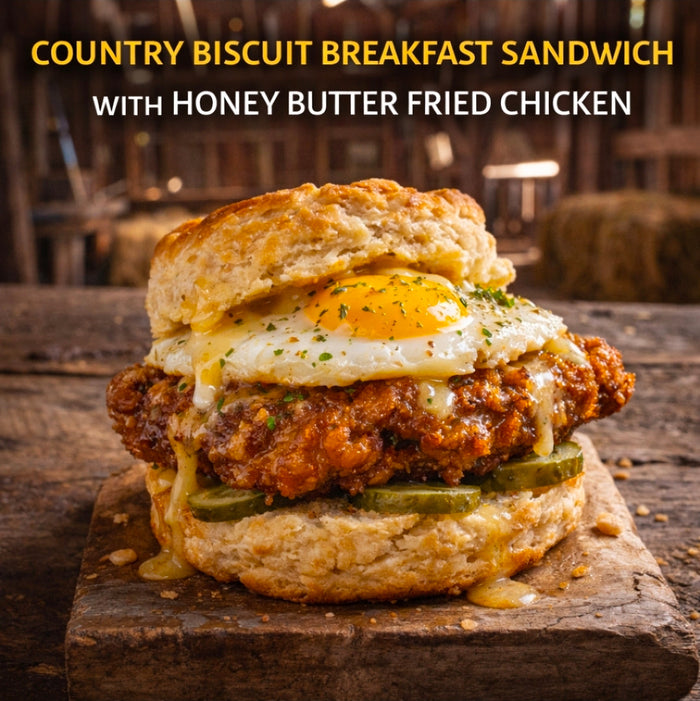 Country Biscuit Breakfast Sandwich with Honey Butter Fried Chicken