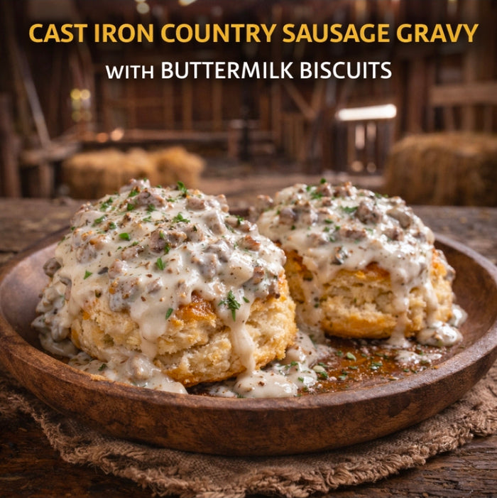 Cast Iron Country Sausage Gravy with Buttermilk Biscuits