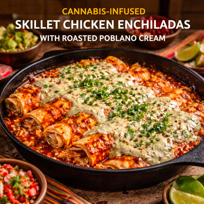 CANNABIS-INFUSED SKILLET CHICKEN ENCHILADAS WITH ROASTED POBLANO CREAM
