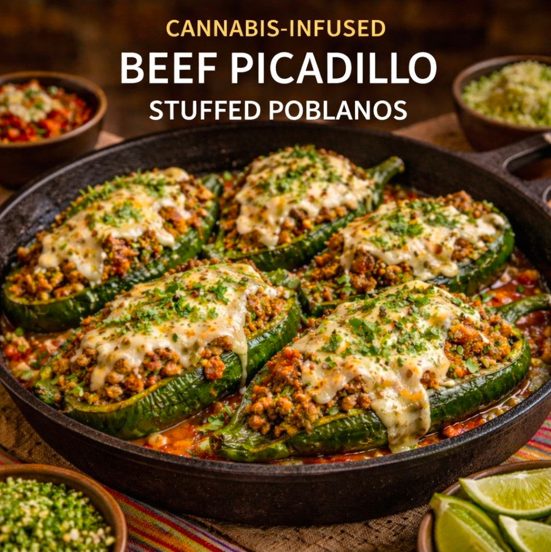 CANNABIS-INFUSED BEEF PICADILLO STUFFED POBLANOS