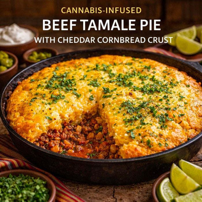 CANNABIS-INFUSED BEEF TAMALE PIE WITH CHEDDAR CORNBREAD CRUST