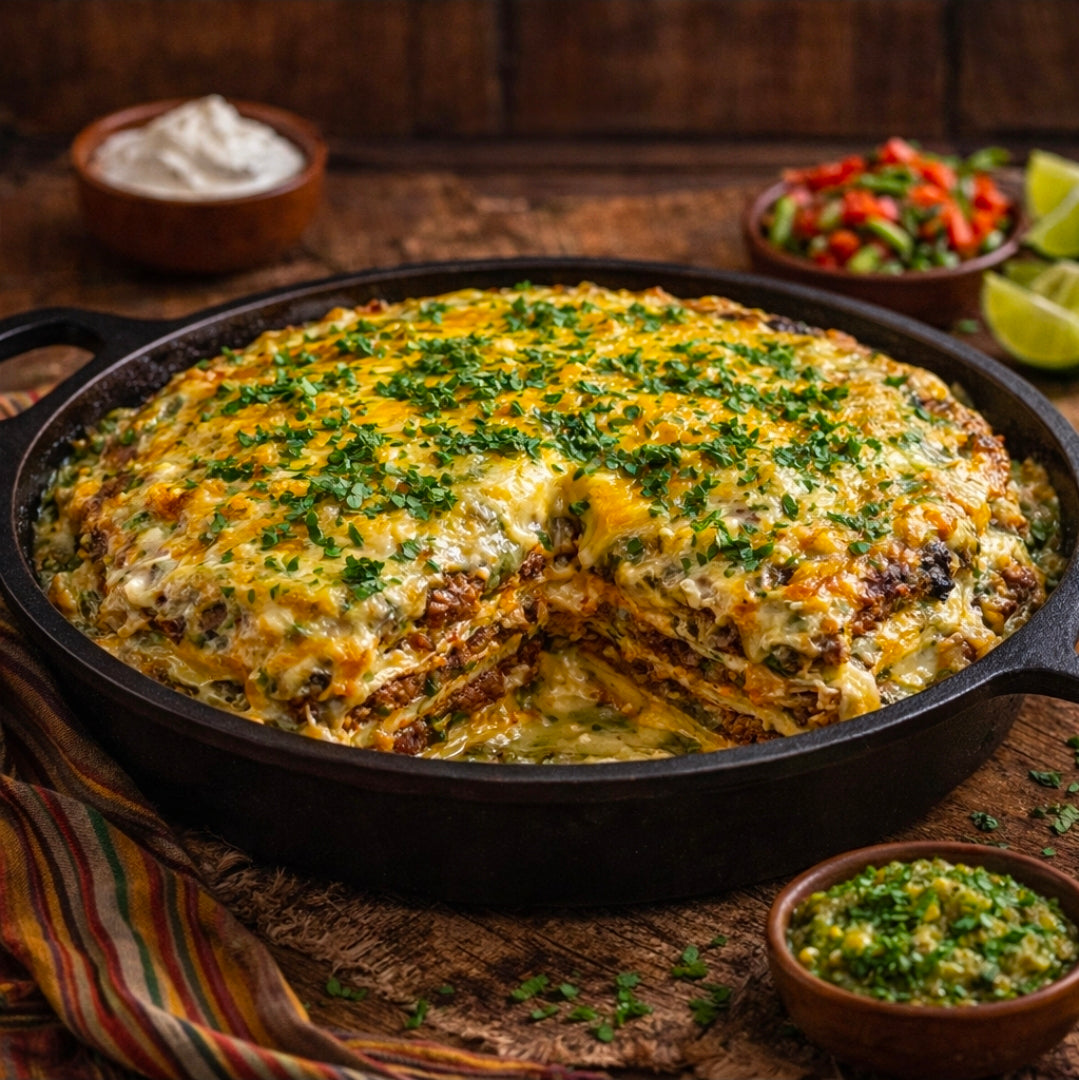 CANNABIS-INFUSED CREAMY GREEN CHILE BEEF ENCHILADA STACK