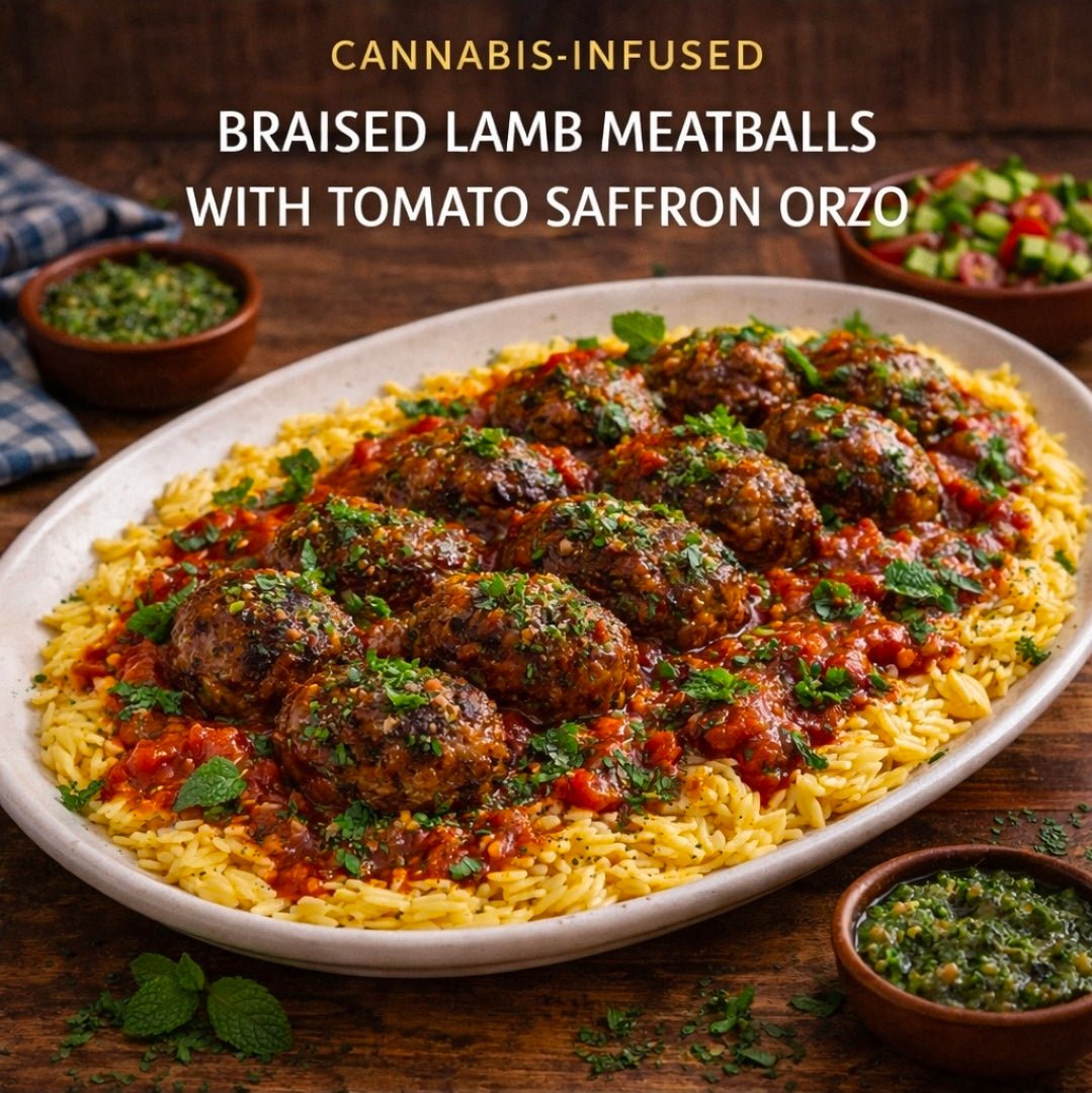 CANNABIS-INFUSED BRAISED LAMB MEATBALLS WITH TOMATO SAFFRON ORZO