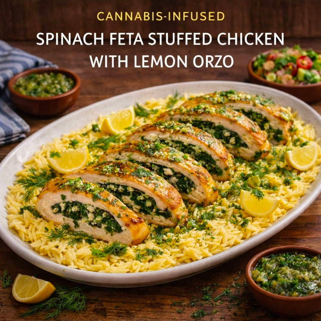 CANNABIS-INFUSED SPINACH FETA STUFFED CHICKEN WITH LEMON ORZO
