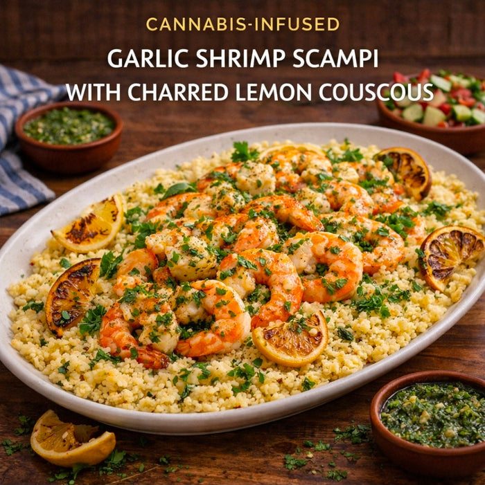 CANNABIS-INFUSED GARLIC SHRIMP SCAMPI WITH CHARRED LEMON COUSCOUS