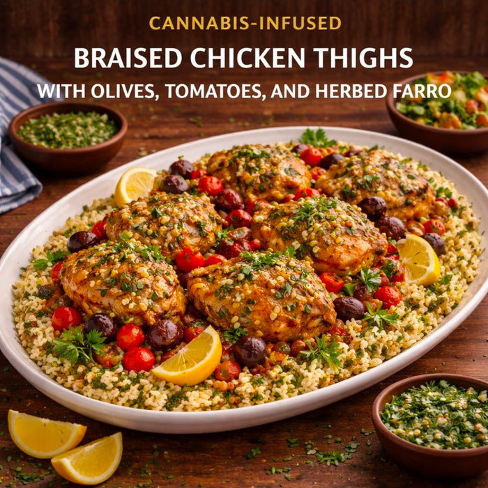 CANNABIS-INFUSED BRAISED CHICKEN THIGHS WITH OLIVES, TOMATOES, AND HERBED FARRO