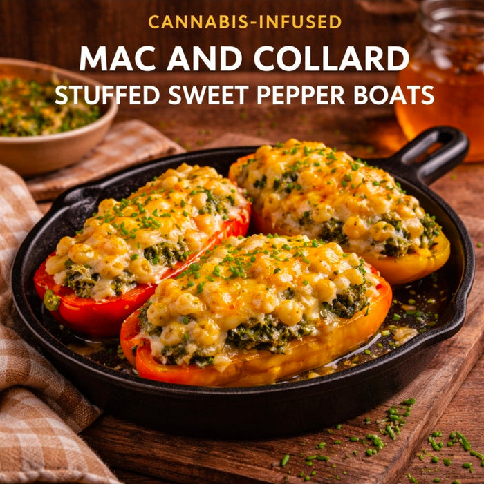 CANNABIS-INFUSED MAC AND COLLARD STUFFED SWEET PEPPER BOATS