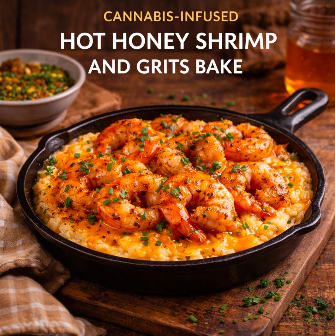 CANNABIS-INFUSED HOT HONEY SHRIMP AND GRITS BAKE