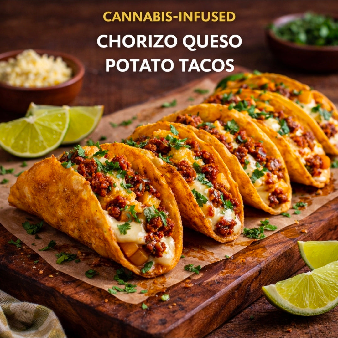 CANNABIS-INFUSED CHORIZO QUESO POTATO TACOS