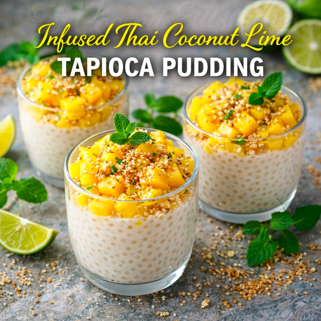 Infused Thai Coconut Lime Tapioca Pudding with Mango and Toasted Sesame
