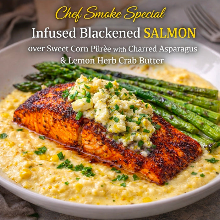 Chef Smoke Special: Infused Blackened Salmon over Sweet Corn Purée with Charred Asparagus and Lemon Herb Crab Butter