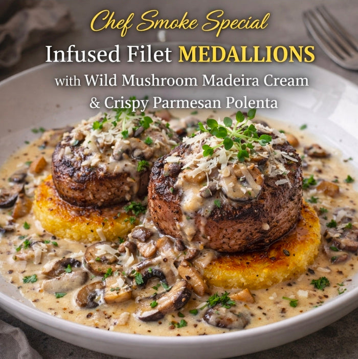 Infused Filet Medallions with Wild Mushroom Madeira Cream and Crispy Parmesan Polenta