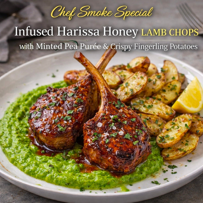 Chef Smoke Special: Infused Harissa Honey Lamb Chops with Minted Pea Purée and Crispy Fingerling Potatoes