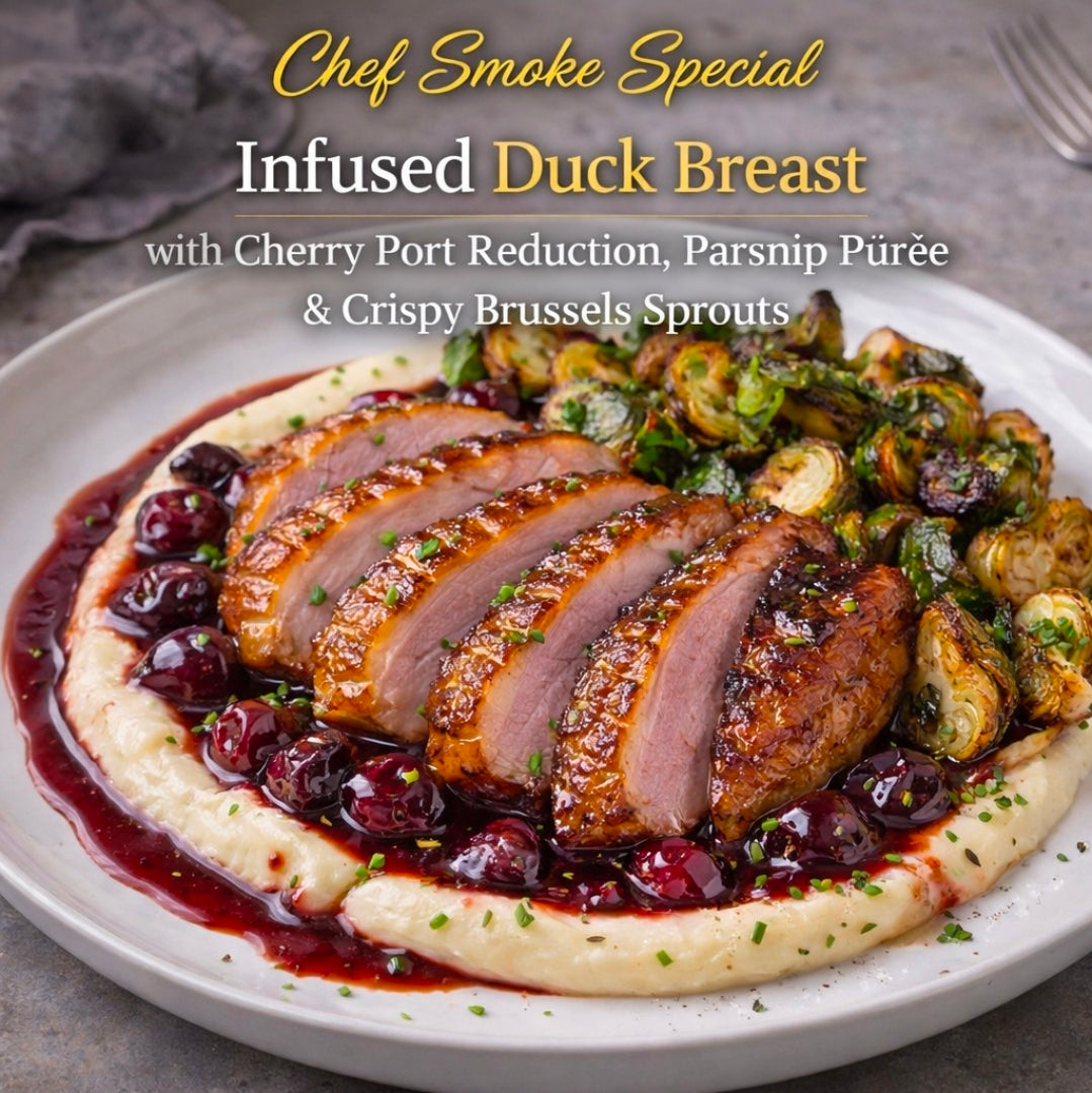Chef Smoke Special: Infused Duck Breast with Cherry Port Reduction, Parsnip Purée, and Crispy Brussels Sprouts