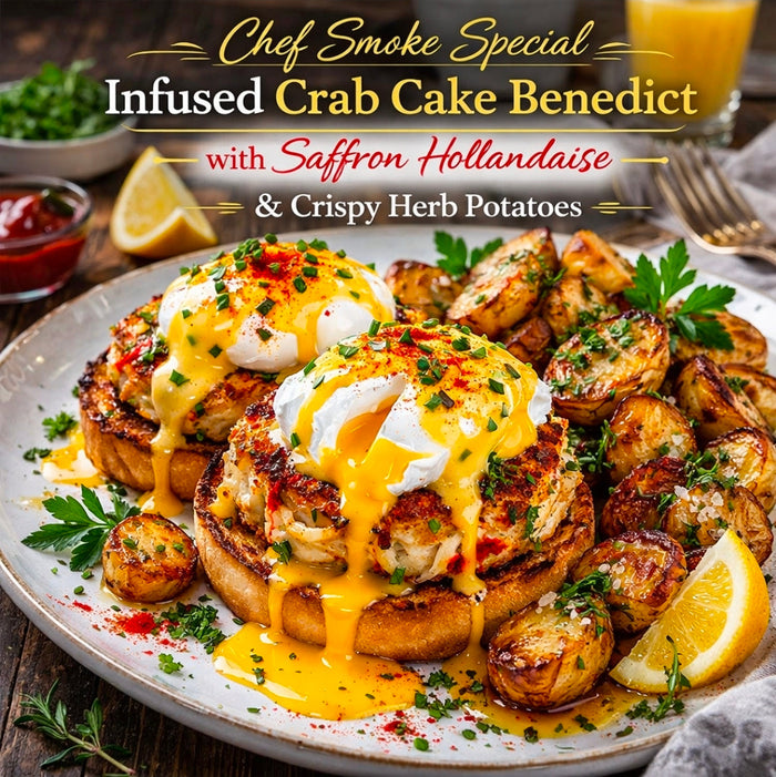 Chef Smoke Special: Infused Crab Cake Benedict with Saffron Hollandaise and Crispy Herb Potatoes