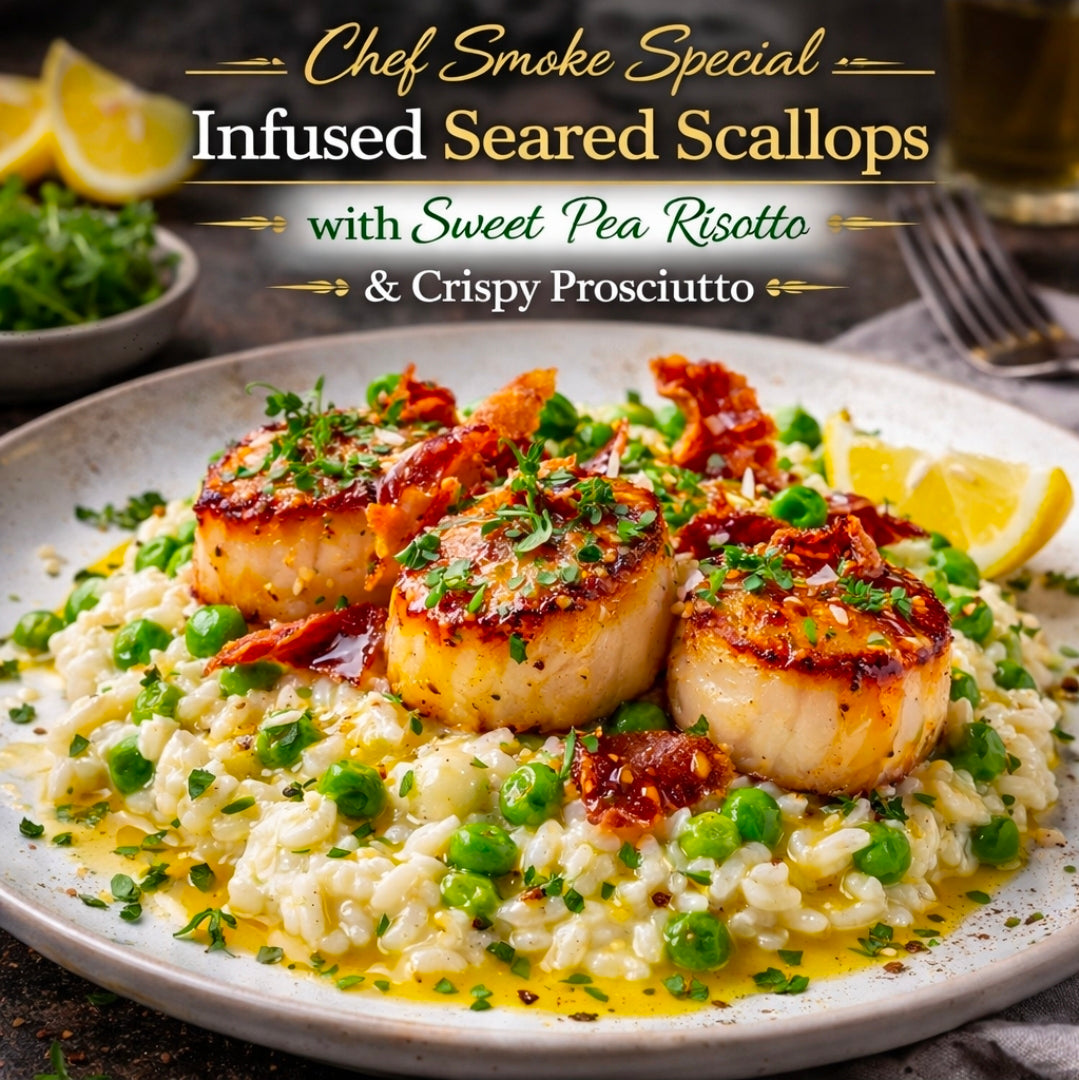 Chef Smoke Special: Infused Seared Scallops with Sweet Pea Risotto and Crispy Prosciutto