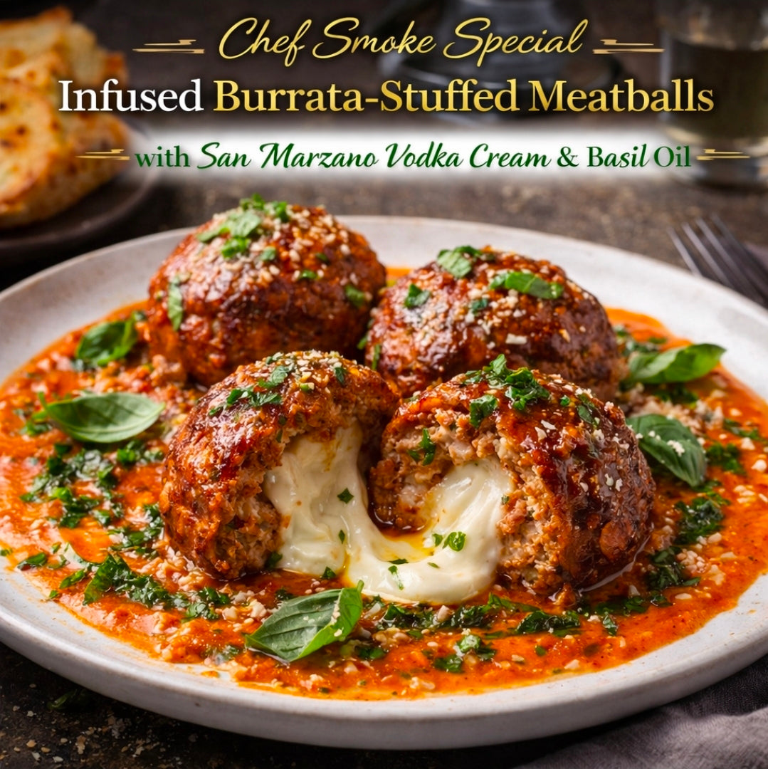 Chef Smoke Special: Infused Burrata-Stuffed Meatballs with San Marzano Vodka Cream and Basil Oil