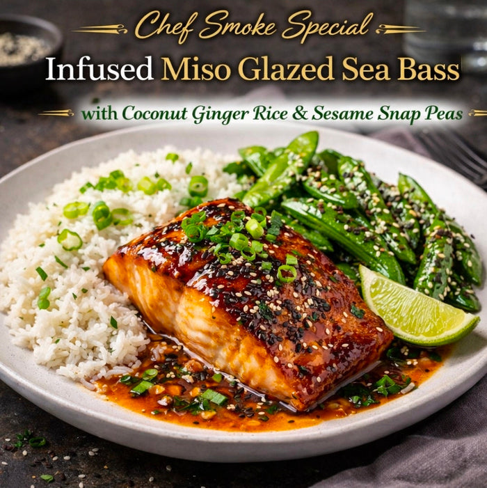 Chef Smoke Special: Infused Miso Glazed Sea Bass with Coconut Ginger Rice and Sesame Snap Peas