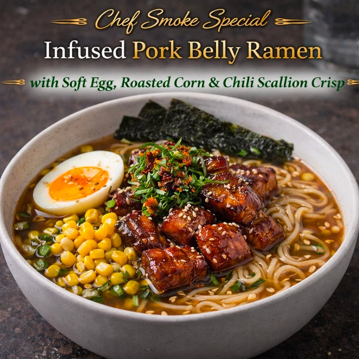 Chef Smoke Special: Infused Pork Belly Ramen with Soft Egg, Roasted Corn, and Chili Scallion Crisp