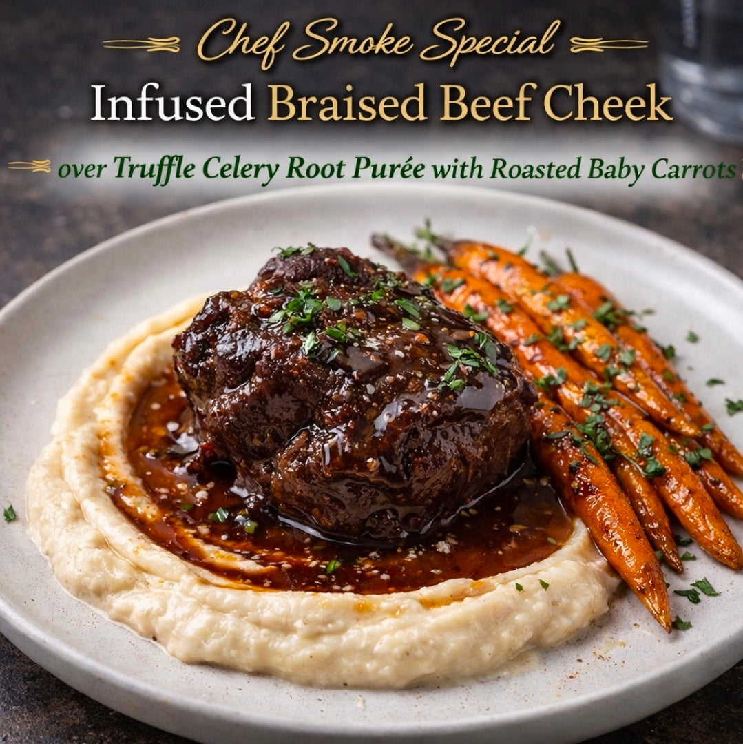 Chef Smoke Special: Infused Braised Beef Cheek over Truffle Celery Root Purée with Roasted Baby Carrots